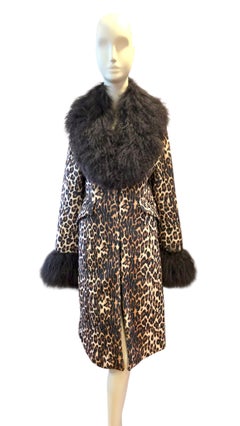 Manteau Charlotte Simone à imprimé léopard, col et poignets en fourrure de Mongolie marron, taille US 6-8