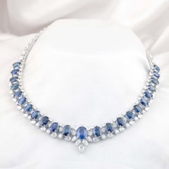 41.19 Ct. Lab Created Blue Sapphire 25.94 Ct. Moissanite Necklace 18K White Gold