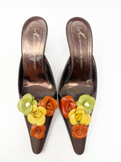 Giuseppe Zanotti Floral Mule Heels Brown Satin Pointed Toe Womens Size EU 39