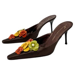 Giuseppe Zanotti Floral Mule Heels Brown Satin Pointed Toe Womens Size EU 39
