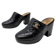 Chanel Quilted Leather Platform Mule Clogs CC Logo Black Womens Size EU 38
