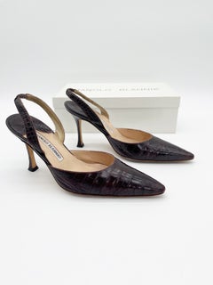Manolo Blahnik Vintage Carolyne Brown Alligator Leather Slingback Heels IT 37