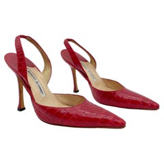 Manolo Blahnik Vintage Carolyne Red Alligator Slingback Pointed Toe Heels IT 36