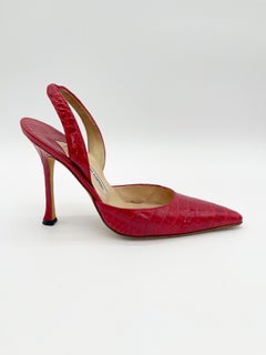 Manolo Blahnik Vintage Carolyne Red Alligator Slingback Pointed Toe Heels IT 36