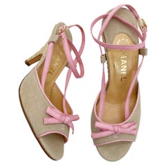 Chanel Vintage Beige Canvas Pink Grosgrain CC Bow Strappy Sandals Heels EU 36