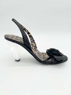 Dolce & Gabbana Vintage Black Leather Floral Lucite Heel Slingback Sandals IT 37