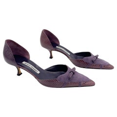 Manolo Blahnik Vintage Purple Snakeskin Suede Bow D'Orsay Kitten Heels IT 41.5
