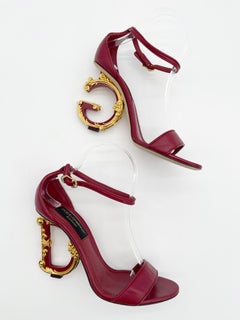 Dolce & Gabbana Burgundy Nappa Leather Baroque DG Sculptural Heel Sandals IT 38.