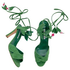 Manolo Blahnik Ossie 105 Green Suede Ivy Strappy Ankle Tie Sandals Heels IT 41