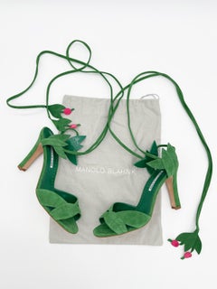 Manolo Blahnik Ossie 105 Green Suede Ivy Strappy Ankle Tie Sandals Heels IT 41