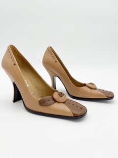 Prada Vintage Tan Brown Leather Square Toe Rosette High Heel Pumps IT 37.5
