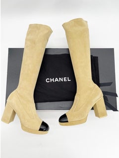 Chanel FW 2023 Beige Suede Cap Toe Knee High Block Heel Boots EU 40 CC Charm Zip
