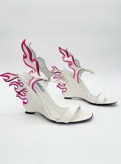 Prada Flame Wedge Sandals White Patent Neon Pink 2018 Reissue Hotrod Heels IT 38