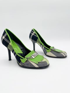 Dior Vintage Y2K Galliano Plaid Green Leather Logo Kiltie Pumps Heels EU 37.5