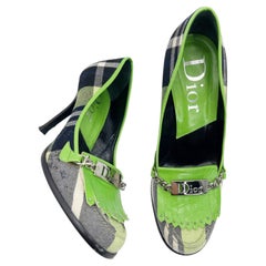 Dior Vintage Y2K Galliano Plaid Green Leather Logo Kiltie Pumps Heels EU 37.5