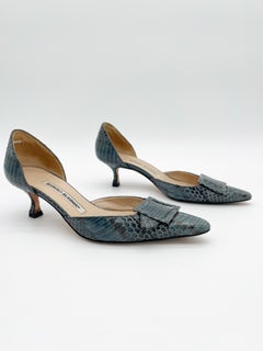 Manolo Blahnik Vintage Teal Exotic Python Buckle Pointed Toe Pumps Heels IT 36