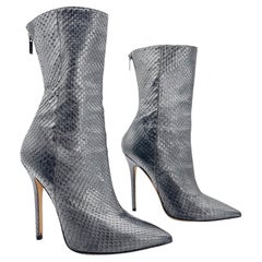 Jimmy Choo Metallic Gunmetal Silver Snakeskin Pointed Toe Stiletto Boots IT 39