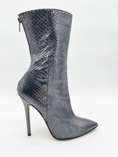 Jimmy Choo Metallic Gunmetal Silver Snakeskin Pointed Toe Stiletto Boots IT 39
