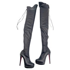 Christian Louboutin Unique Black Leather Ultra Thigh High Platform Boots EU 36.5