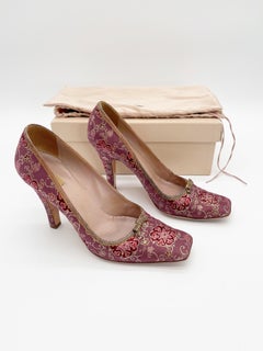 Prada Vintage Plum Gold Brocade Snakeskin Trim Square Toe Pumps Heels IT 40.5