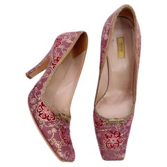 Prada Vintage Plum Gold Brocade Snakeskin Trim Square Toe Pumps Heels IT 40.5