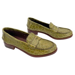 Prada Spring 2005 Runway Vintage Green Exotic Alligator Penny Loafers IT 37