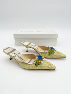 Manolo Blahnik Retro Green Striped Crystal Pointed Toe Kitten Heel Mules IT 36.5