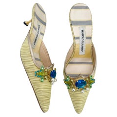 Manolo Blahnik Retro Green Striped Crystal Pointed Toe Kitten Heel Mules IT 36.5