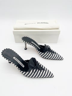 Mules à talons pointus à lacets Manolo Blahnik, vintage, rayées noir et blanc, taille IT 36