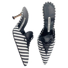 Mules à talons pointus à lacets Manolo Blahnik, vintage, rayées noir et blanc, taille IT 36