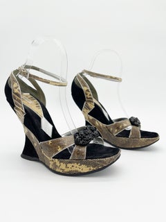 Prada Y2K Black Reptile Embossed Suede Crystal Platform Wedge Sandals IT 38.5