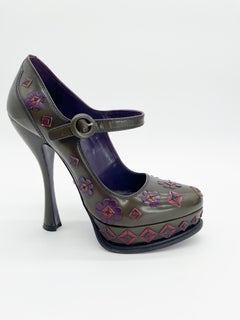 Prada Fall 2012 Green Floral Applique Mary Jane Chunky Platform Heels IT 37.5