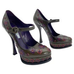 Prada Fall 2012 Green Floral Applique Mary Jane Chunky Platform Heels IT 37.5