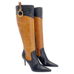 Vintage Dolce & Gabbana Black & Tan Leather Pointed Toe Knee High Boots IT 37.5