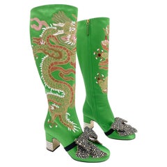 Gucci Green Satin Candy Dragon Embroidered Crystal Bow Block Heel Boots EU 37