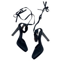Gucci Fall 2004 Runway Tom Ford Black Velvet Mink Fur Ankle Wrap Heels IT 38