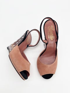 Vintage Gucci Tan Suede Swarovski Crystal Lucite Wedge Slingback Sandals IT 37.5