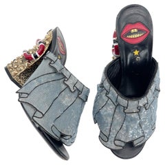 Gucci S/S 2016 Runway Blue Sequin Trompe L'Oeil Kingsnake Mule Sandals IT 38