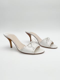 Chanel Vintage White Leather Bow CC Open Toe Slide Mules Stiletto Sandals EU 41