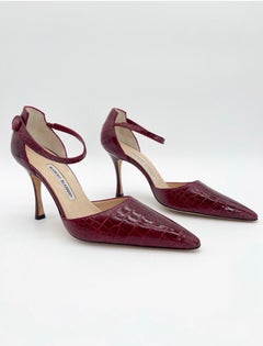 Manolo Blahnik Vintage Burgundy Alligator Leather Ankle Strap Pumps Heels IT 40