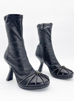 Dior Fall 2023 Runway Black Leather Origine Crystal Heeled Ankle Boots EU 38.5