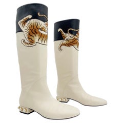 Gucci Charlotte Mystic White Tiger Embroidered Pearl Heel Knee High Boots IT 37