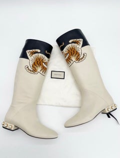 Gucci Charlotte Mystic White Tiger Embroidered Pearl Heel Knee High Boots IT 37