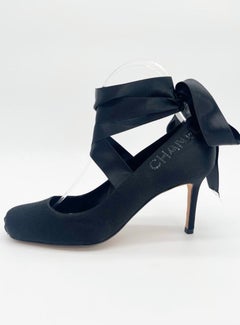 Chanel Vintage Black Satin Crystal Logo Lace Up Ballet Pumps Heels EU 37.5