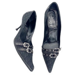 Dior Vintage Galliano Era Black Charcoal Oblique Monogram Buckle Pumps EU 42
