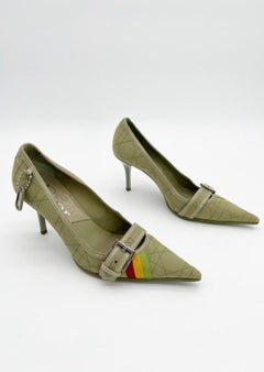 Christian Dior Vintage Green Cannage Rasta Pointed Toe Buckle Pumps Heels EU 37