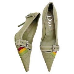 Christian Dior Vintage Green Cannage Rasta Pointed Toe Buckle Pumps Heels EU 37
