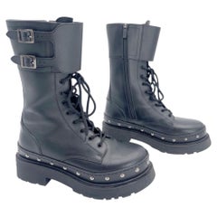 Christian Dior Diorquake Black Calfskin Studded Buckle Moto Combat Boots EU 38.5