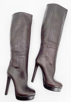 Gucci Fall 2011 Runway Alexa Dark Brown Leather Platform Knee High Boots IT 38.5