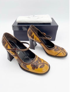 Prada Fall 1996 Runway Floral Appliqué Antiqued Leather Mary Jane Heels IT 37.5
